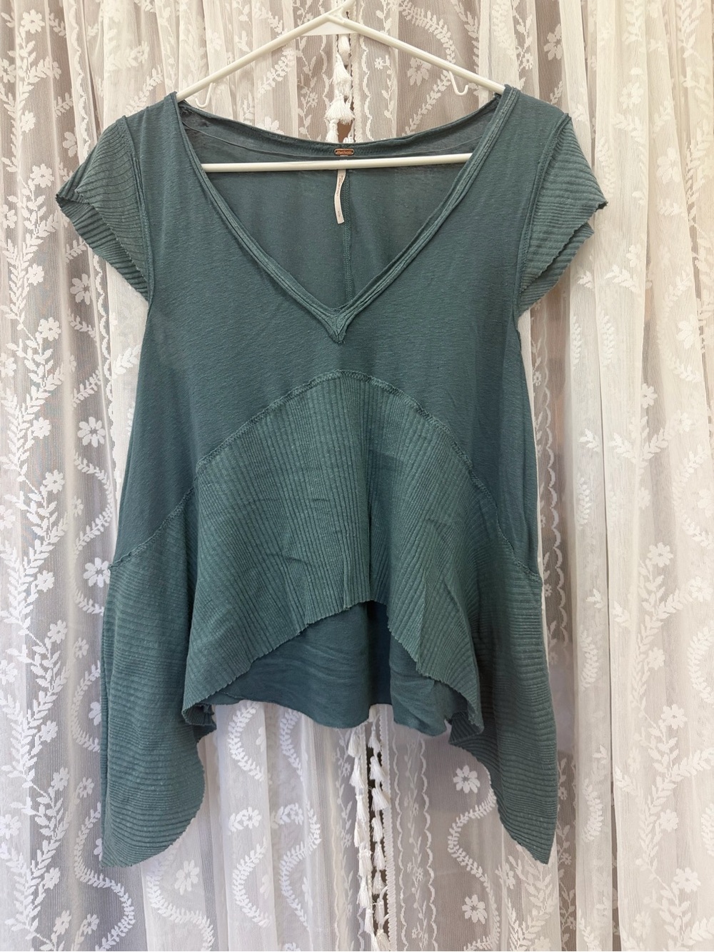 Free People V-Neck Asymmetric Ribbed Hem Women's Top - Teal
